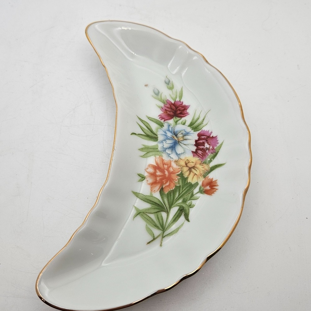 Vintage Crescent Bone Dish Trinket Tray Floral Gold Trim Porcelain Japan